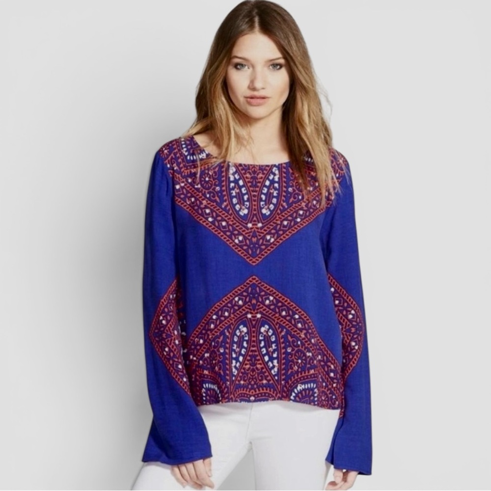 Ella Moss Fez Kaleidoscope Top Small Royal Blue Red Paisley Bell Sleeve Boho Y2K